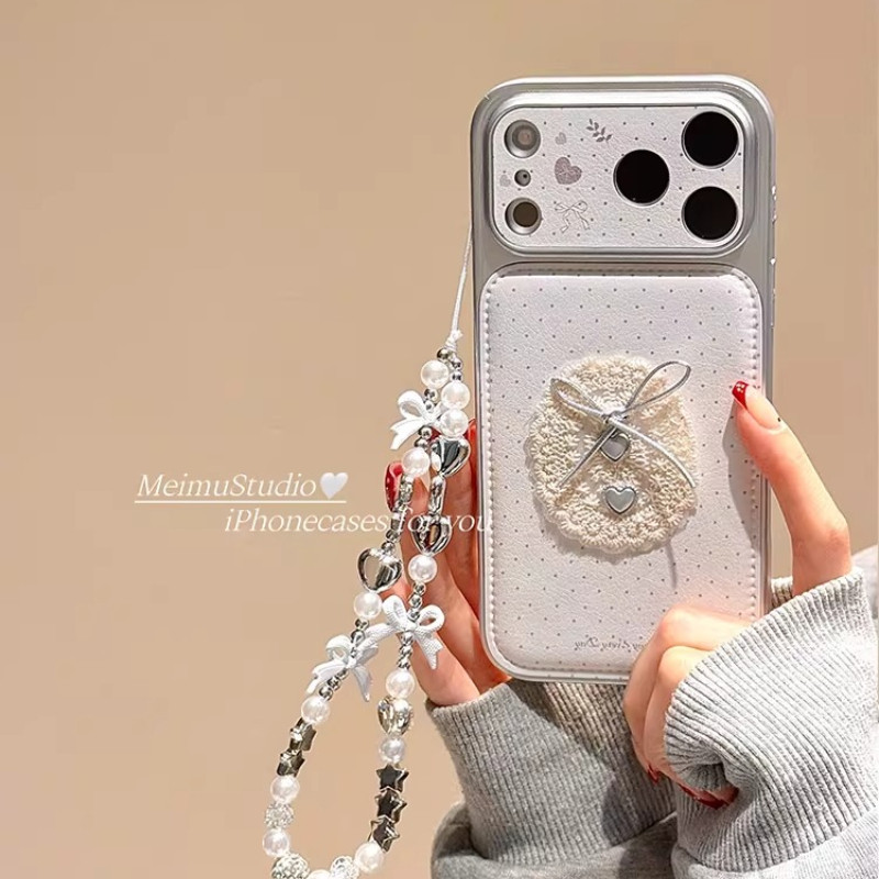 Huiwanju polka dot ลูกไม้โบว์สําหรับ iPhone17Pro โทรศัพท์มือถือกรณี iP16Pro หน้าต่างขนาดใหญ่ 16/15 น่ารัก 14promax/13promax รูปแบบหนัง 17 รวมทุกอย่างป้องกันกรณี