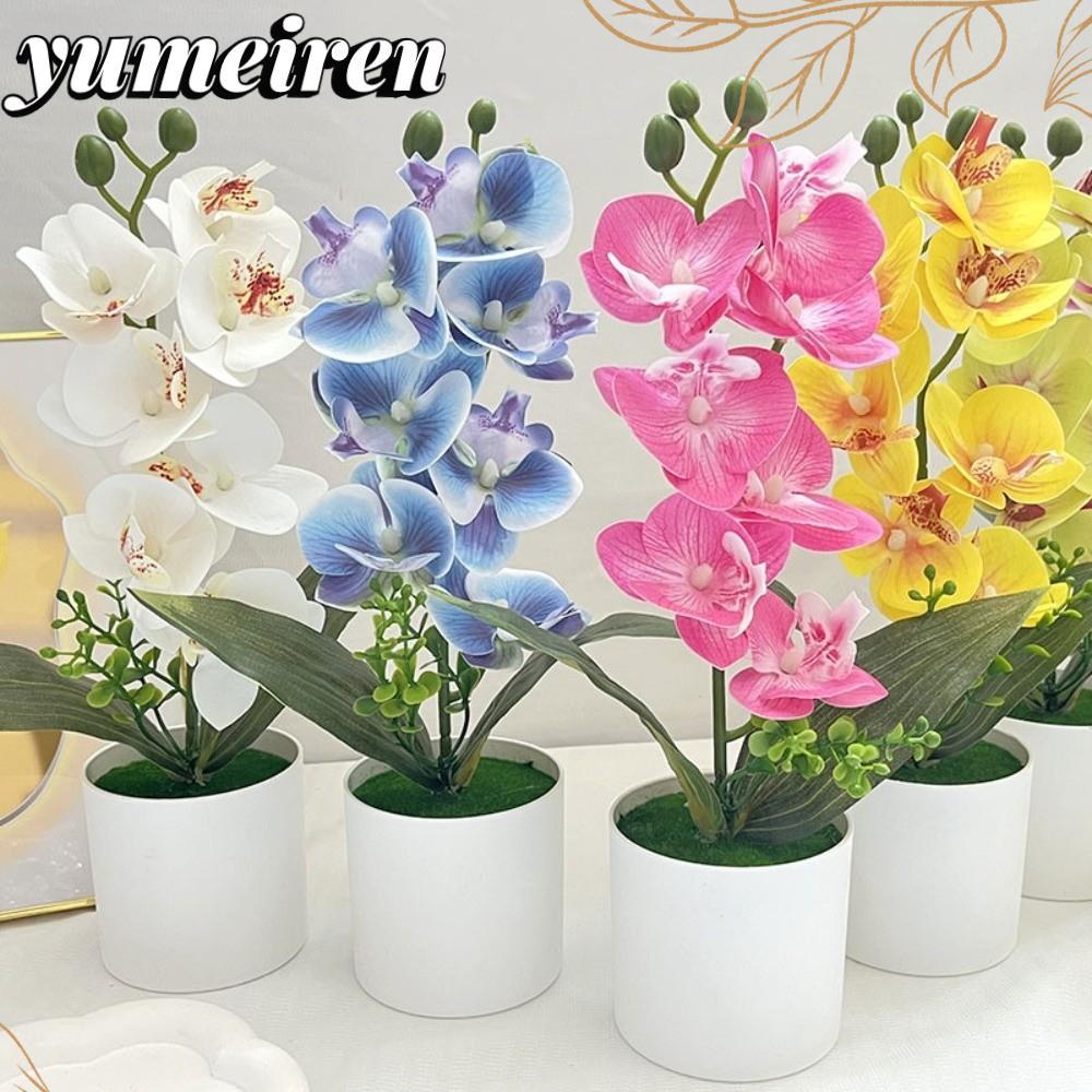 YUMEIREN ประดิษฐ์กล้วยไม้ดอกไม้กระถาง,จําลองกระถางดอกไม้สีขาวเทียมพืช,แฟชั่นหลายบานสีชมพูพลาสติกดอกไม้ปลอมห้องนั่งเล่นเครื่องประดับ