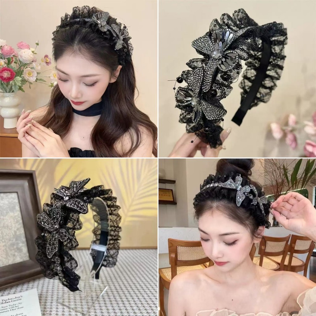Double-Layer Bow Rhinestone กว้างขอบเส้นด้ายโปร่งใสแถบคาดศีรษะหญิงล้างหน้าเครนสูง Top Fluffy Hairpin ฝาครอบผมสีขาวแถบคาดศีรษะอุปกรณ์เสริมผม