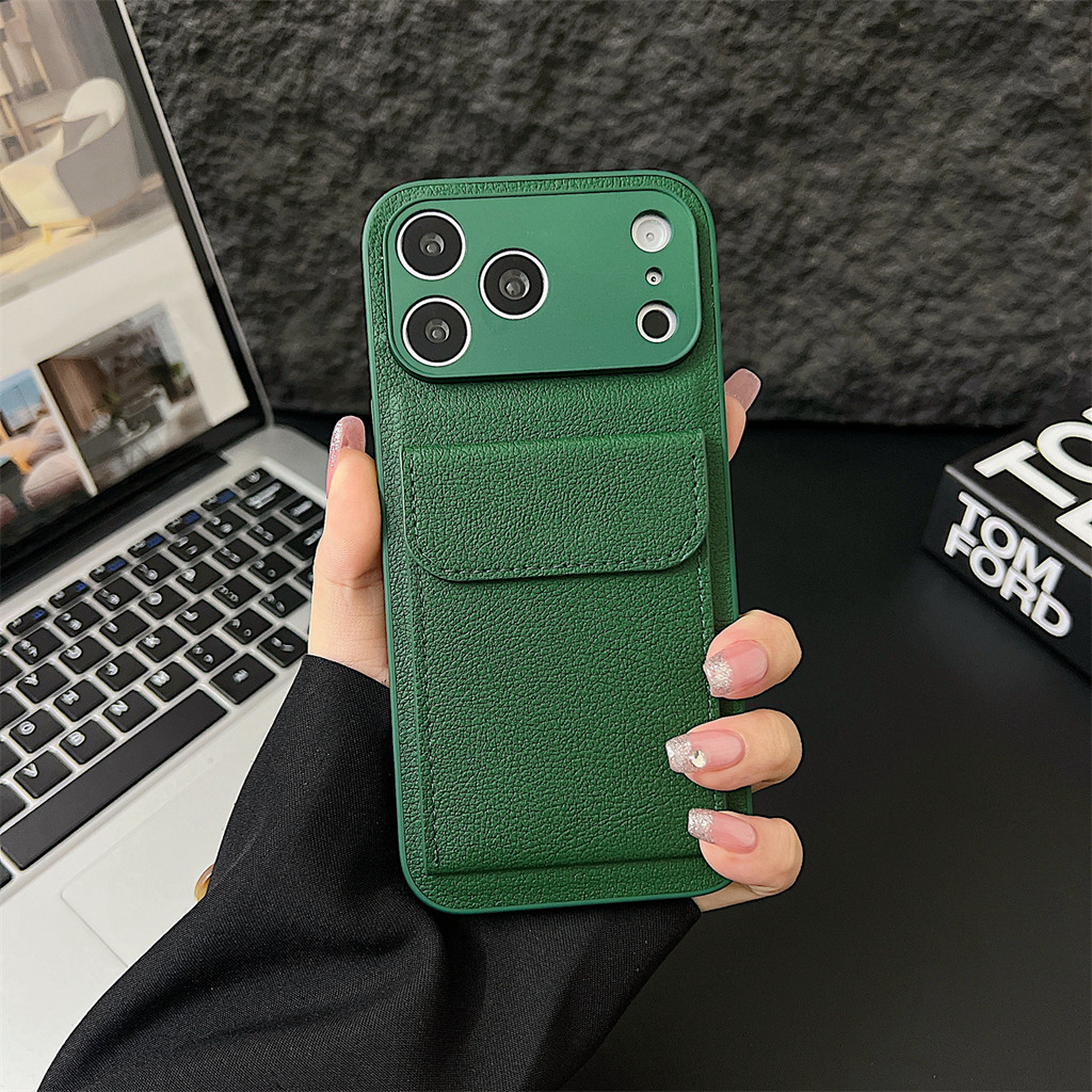 หนังลิ้นจี่แบบผู้ถือบัตรเคสโทรศัพท์สําหรับ iPhone 17 PRO MAX 16 15 PRO MAX 17 Air 11 12 PRO MAX 14 15 16 Plus 13 PRO MAX กันกระแทกผู้ถือบัตรปกหลัง