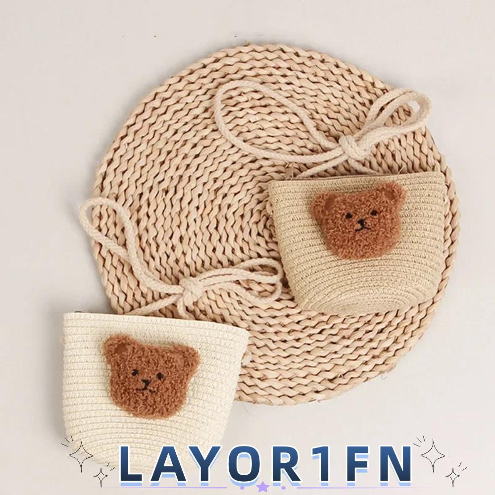 LAYOR1FN กระเป๋าสะพาย, กระเป๋าใส่เหรียญทอฟางแฮนด์เมด, เจ้าหญิงน่ารักการ์ตูนหมีกระเป๋าเดินทางกระเป๋าส