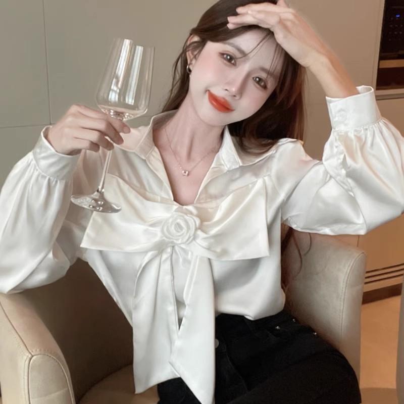 เสื้อเชิ้ตแขนยาวผ้าชาดิน ดีไซน์โปว์ใหญ่ดอกสวย แฟชั่นฤดูใบไม้ผลิสไตล์ฝรั่งเศส-พร้อมส่งจากไทย-รุ่นW687