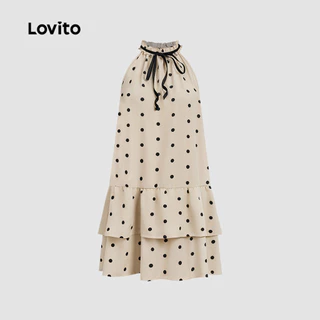 Lovito เดรสแคชชวลลายจุด ผูกด้านหน้า ชายกระโปรงระบาย สำหรับผู้หญิง เหมาะสำหรับฤดูใบไม้ผลิ/ฤดูร้อน L178ED398