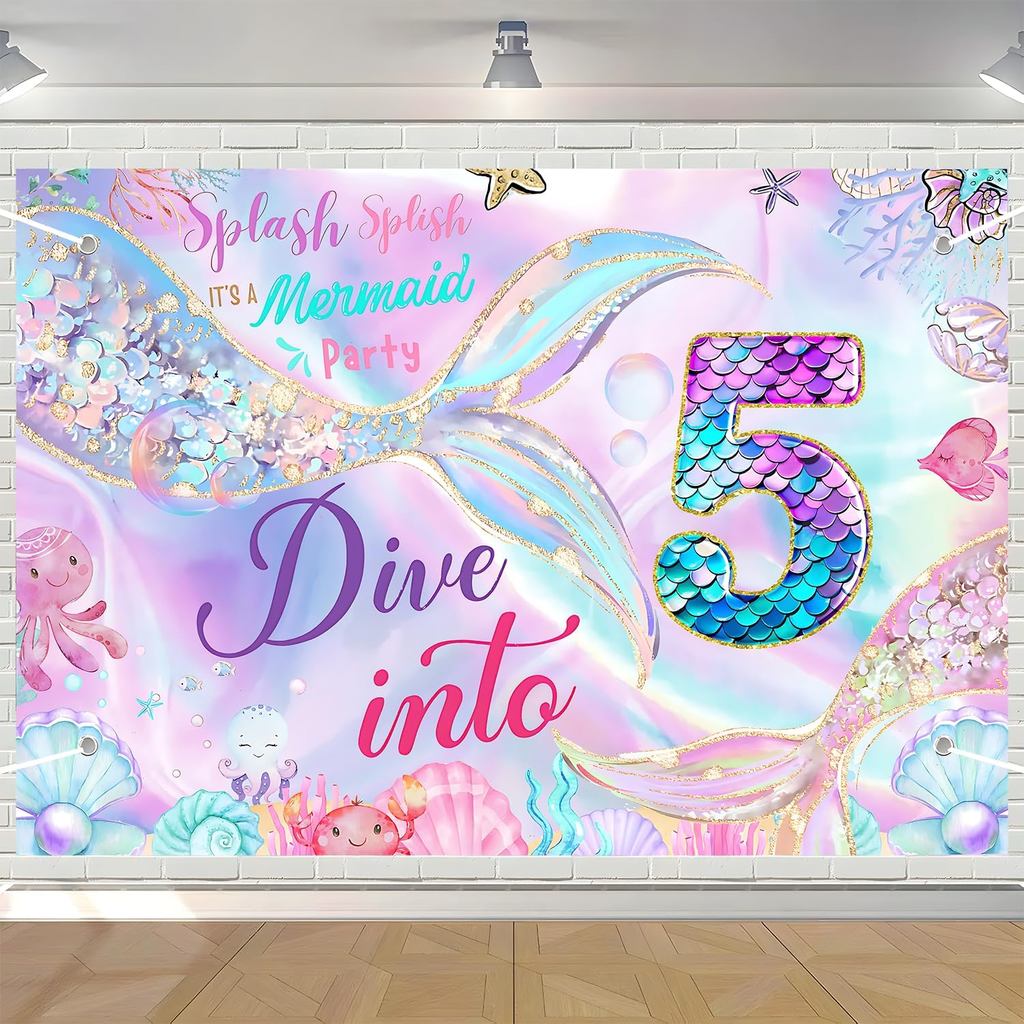 ตกแต่งวันเกิดนางเงือก Mermaid 5th Happy Birthday แบนเนอร์ฉากหลังสําหรับสาวภายใต้ Sea Birthday Party 
