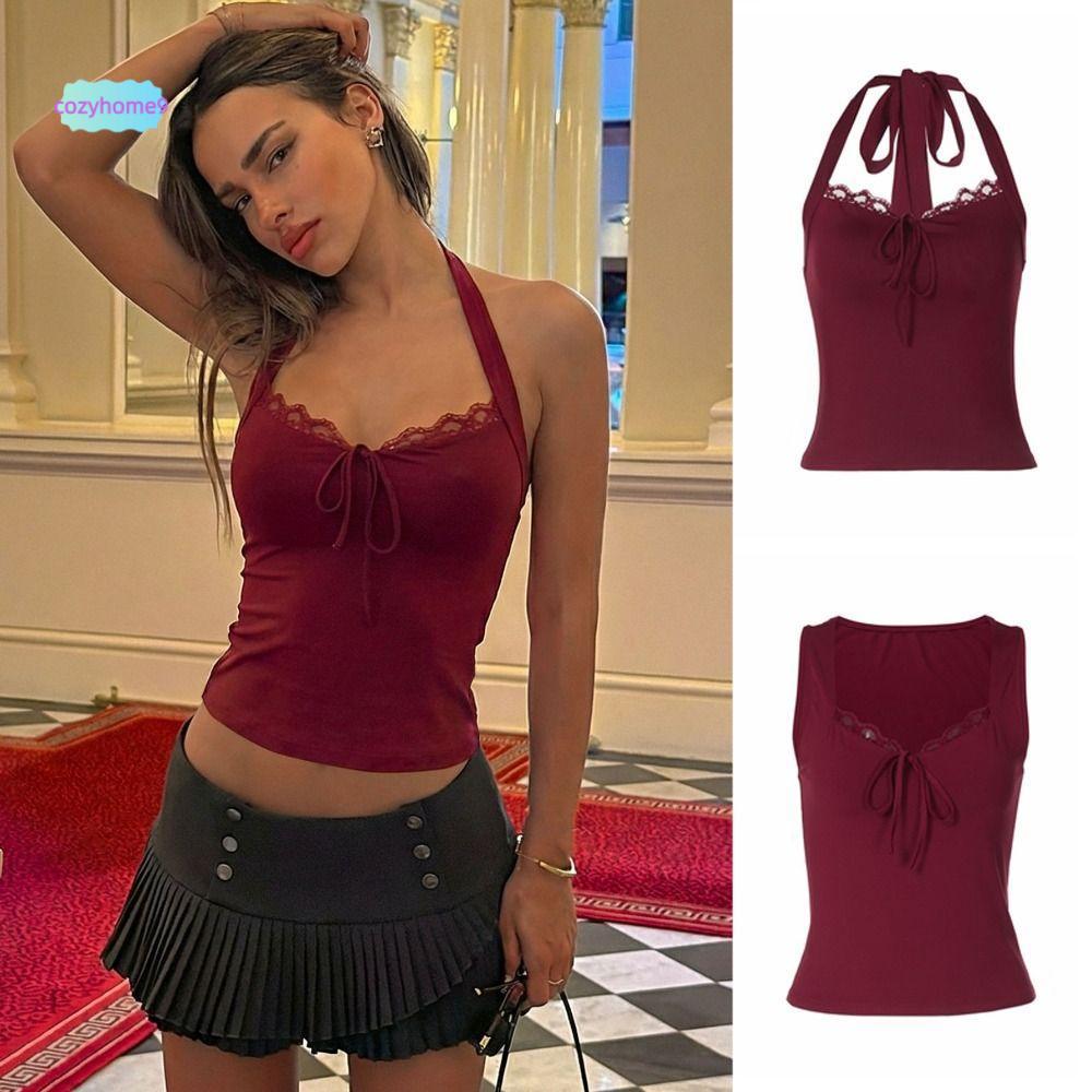 COZYHOME9 Slim Crop Tops, V คอ BowKnot Halter Bottoming เสื้อยืด, Chic แขนสั้น Elastic Lace-up Camis