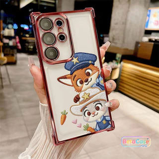 สำหรับ Samsung S25U,S24U,S23,S23U,S22,S22U,S21U,S20,S20FE เคสซัมซุง สุนัขจิ้งจอกกระต่ายคู่น่ารัก ชุบโลหะ สี่มุม กันตก