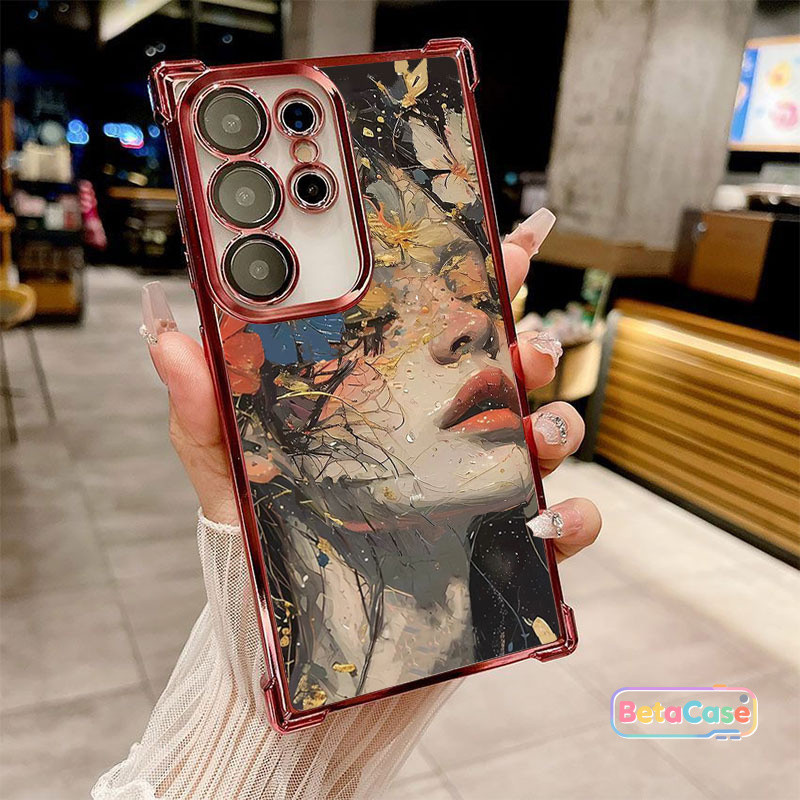 สำหรับ Samsung S25U,S24U,S23,S23U,S22,S22U,S21U,S20,S20FE เคสซัมซุง ภาพวาดสาวศิลปะสวยงาม ชุบสี่มุม กันตก