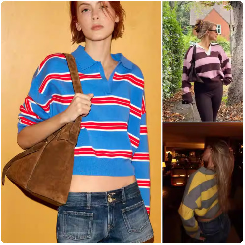 เสื้อกลมแขนยาวลายทางสีตัดกันสำหรับผู้หญิง เหมาะสมกับฤดูใบไม้ผลิ