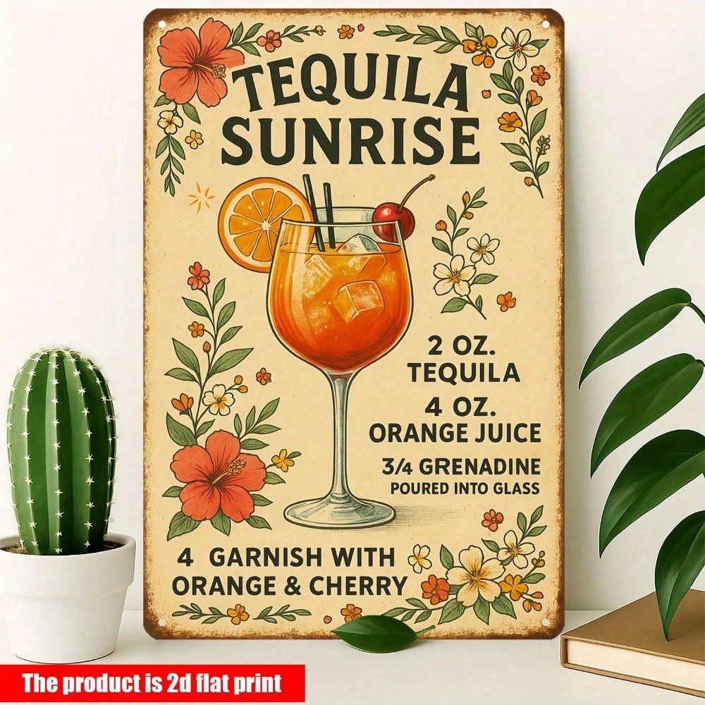 HELLOYOUNG Tequila Sunrise Bar ป้ายโลหะค็อกเทลสูตร Wall Decor Retro Floral Design Home Pub Club Art