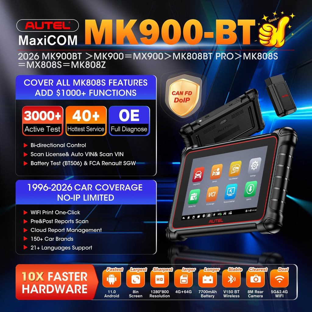 Autel Scanner MaxiCOM MK900BT, 2026 MK900-BT V2.0 เครื่องมือวินิจฉัยแบบสองทิศทาง, 8 นิ้วถึง MK900 MX