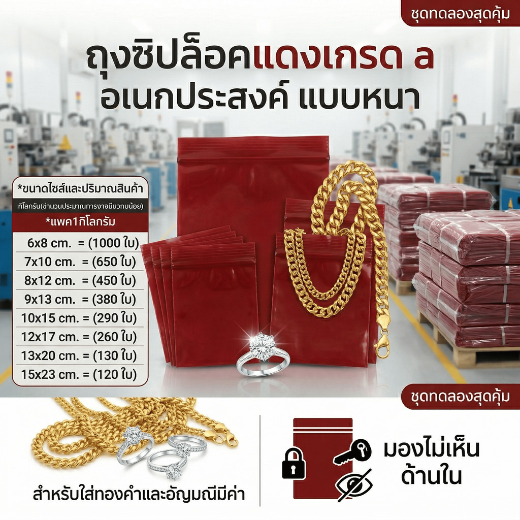 ถุงซิปสีแดง  เเพค 1 กิโล  เกรดA ซองซิปล็อคสีแดง ซองซิปเเดง ซองแดงร้านทอง