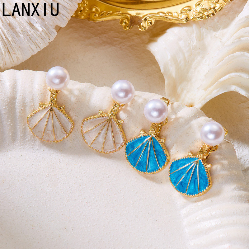 ต่างหู LANXIU ธีมทะเล ไข่มุก หอยปะการัง ดาวเรือง สไตล์วันหยุดพักผ่อน