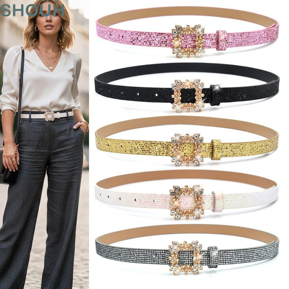 SHOUH เข็มขัดPU หนัง PU กะพริบRhine stone ออกแบบหรู สำหรับสไตล์แฟชั่นและใช้งานได้หลากหลายโอกาส