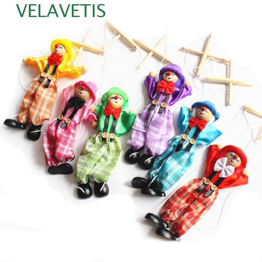 VELAVETIS Puppet Clown Handmade ของขวัญเด็กไม้ตลกกิจกรรมร่วม Vintage Puppet