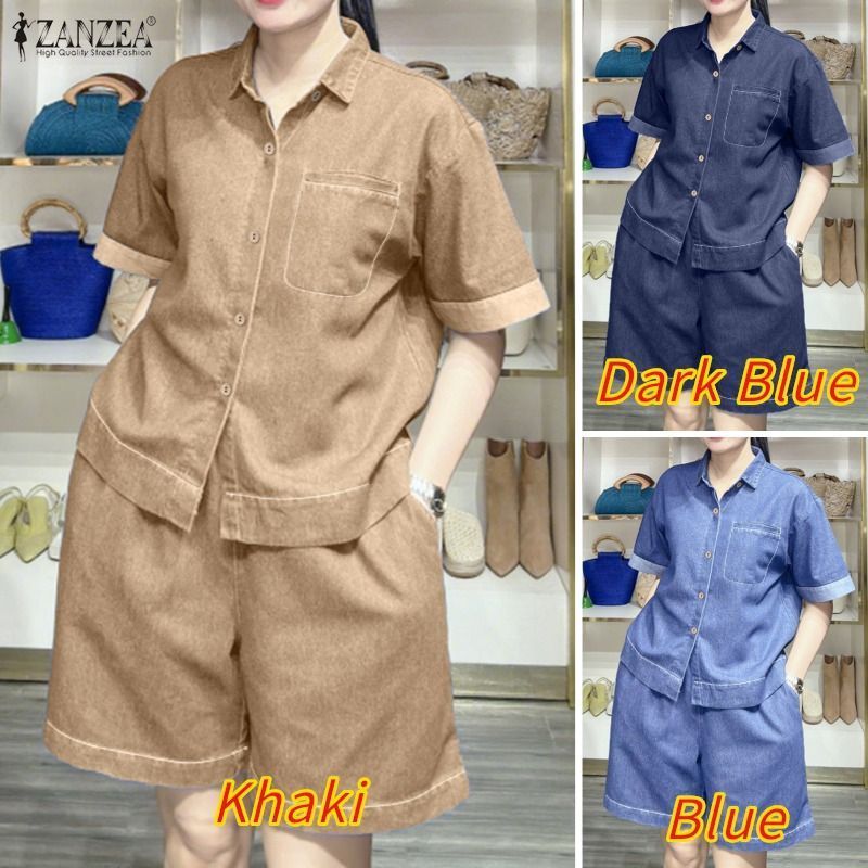 ZANZEA เสื้อเชิ้ตแขนสั้นลําลองสไตล์เกาหลีสําหรับผู้หญิงและกางเกงขาสั้นเอวยางยืดหลวมชุดสองชิ้น — صورة 3