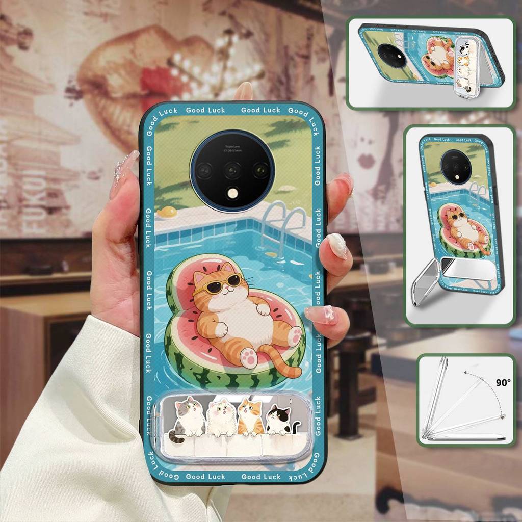 TPU ทนทานเคสโทรศัพท์สําหรับ One Plus 7T/1 + 7T น่ารักกระจกกันน้ําซิลิโคนปกหลัง Dirt-proof ผ้า Patch 