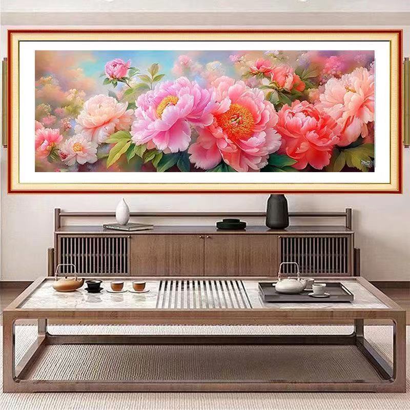 ปักครอสติสสไตล์ใหม่สีขาวบ้านง่าย Peerless เฉพาะ Xizi Pink Peony ตกแต่งห้องนั่งเล่นเย็บปักถักร้อยมือ