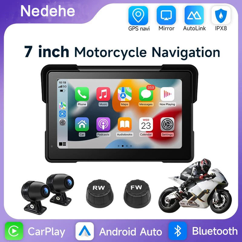 7 "รถจักรยานยนต์ carplay นําทาง GPS ไร้สาย CarPlay บลูทูธ DVR ด้านหน้าและด้านหลัง 2K Dual กล้อง IPX7 กันน้ํา TPMS