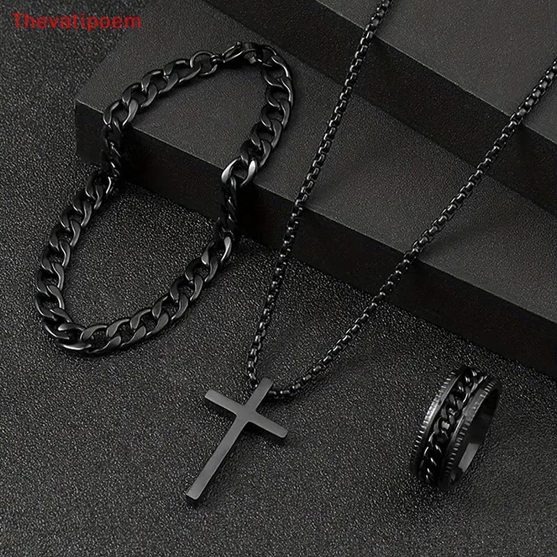 ชุดเครื่องประดับ Punk Cross 3 ชิ้น สำหรับผู้ชาย พร้อมสร้อยคอ สร้อยข้อมือ และแหวน สไตล์Hip Hop