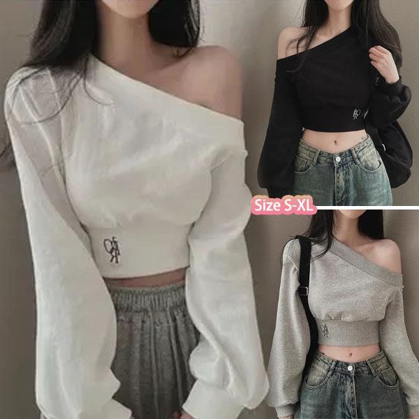 Chili#เสื้อสเวตเตอร์สั้นสไตล์เกาหลี เหมาะสำหรับฤดูใบไม้ร่วงและฤดูหนาว ดีไซน์แบบเปิดไหล่#2747