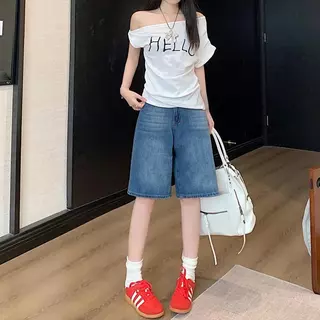 BIMI ( S-3XL ) กางเกงขากระบอก กางเกงยีนส์ขาสั้น ทรงหลวม ขากว้าง เอวสูง สไตล์วินเทจ Jeans
