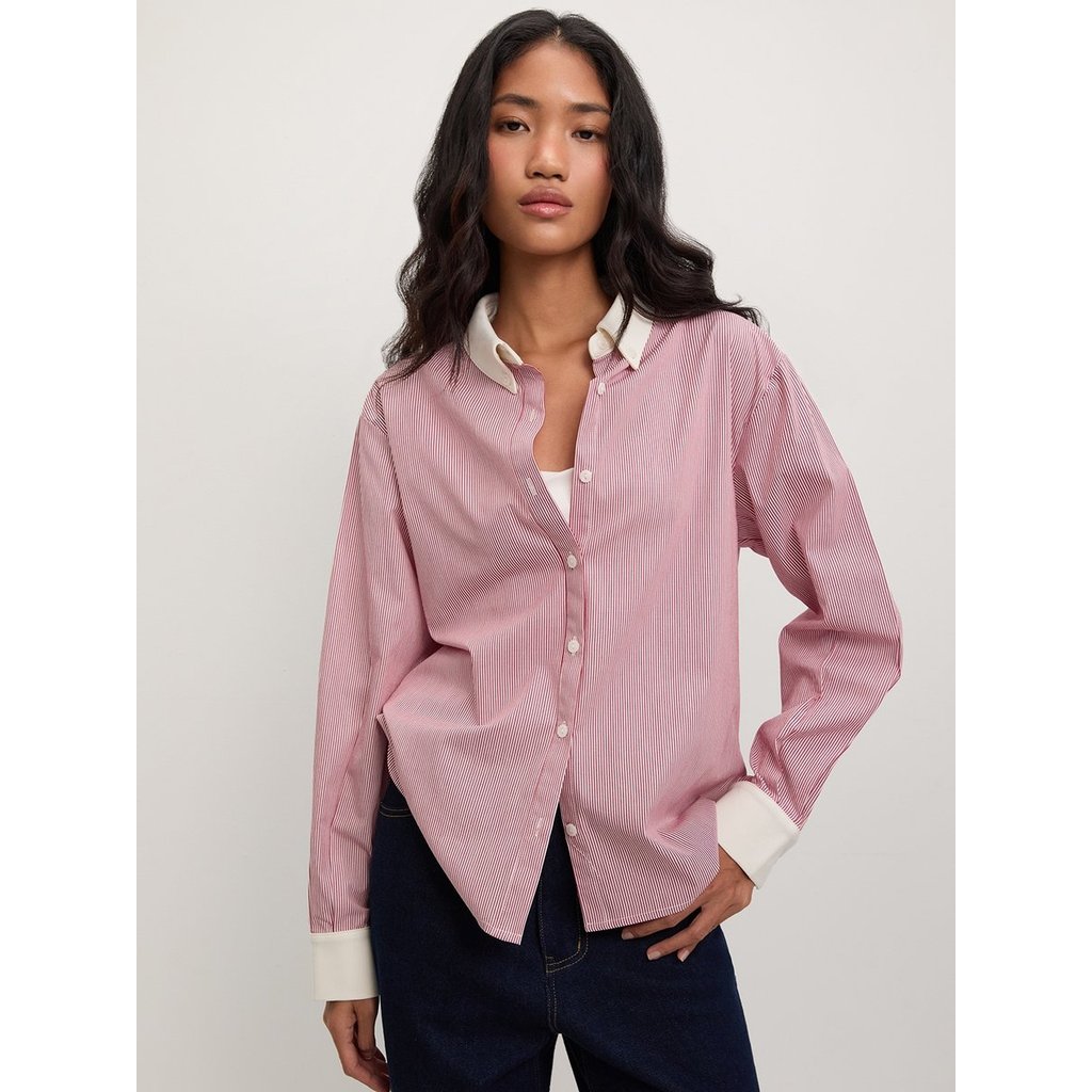 [Pomelo] เสื้อเชิ้ตแขนยาวลายทางแต่งขอบสีตัดกัน / Contrast Trim Striped Button-Up