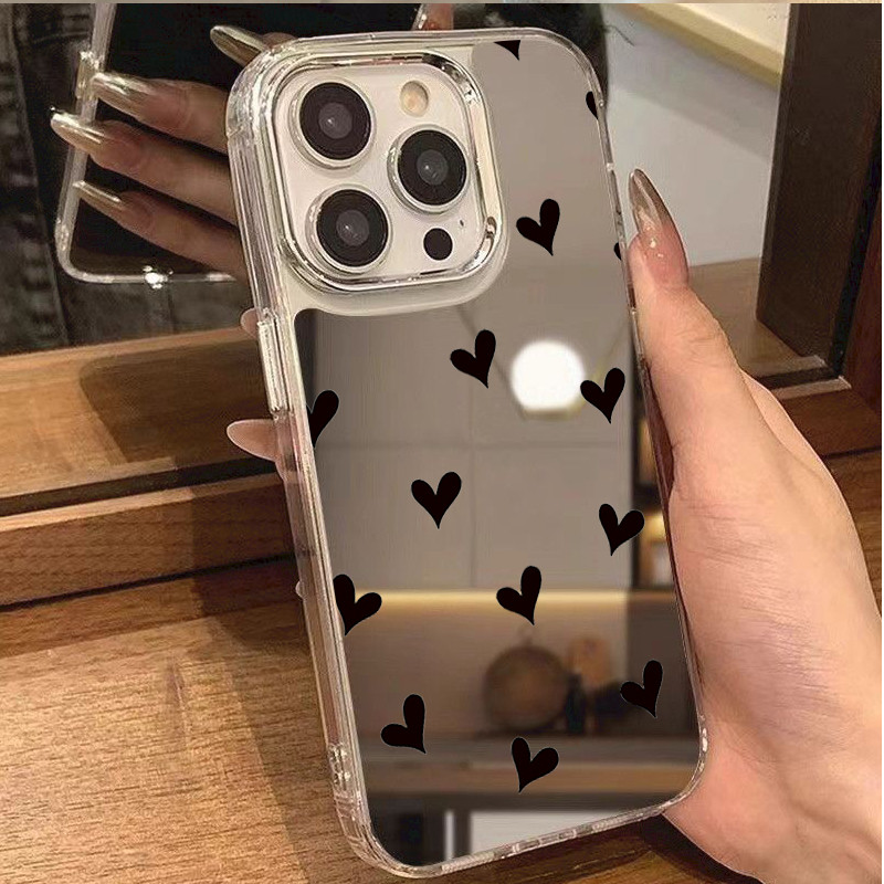 สีสัน Love Heart กระจกเคสโทรศัพท์สําหรับ iPhone 17 16 15 14 13 12 11 Pro Max Plus 16E Electroplated กรอบ Make UP กระจกกันกระแทกฝาหลัง