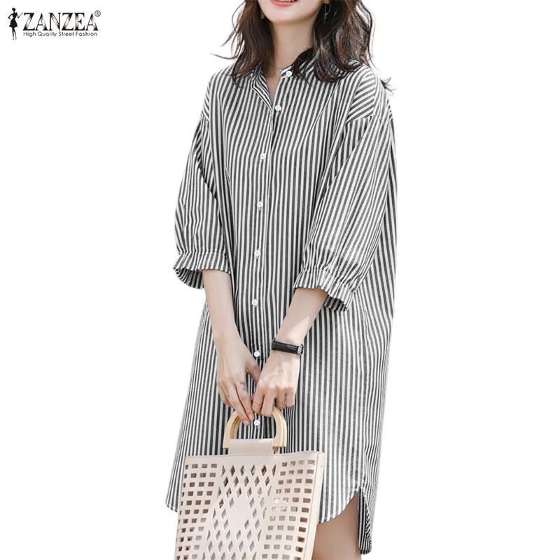 ZANZEA เดรสผู้หญิงสไตล์เกาหลี แขนยาว 3/4 แบบเปิดไหล่
