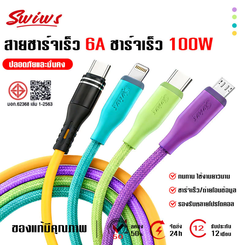 สายชาร์จเร็ว 6A สายชาร์จเร็วซิลิโคนเหลวอเนกประสงค์อ โปรโตคอล QC3.0 เหมาะสําหรับ phone 8-17 โทรศัพท์ iPad