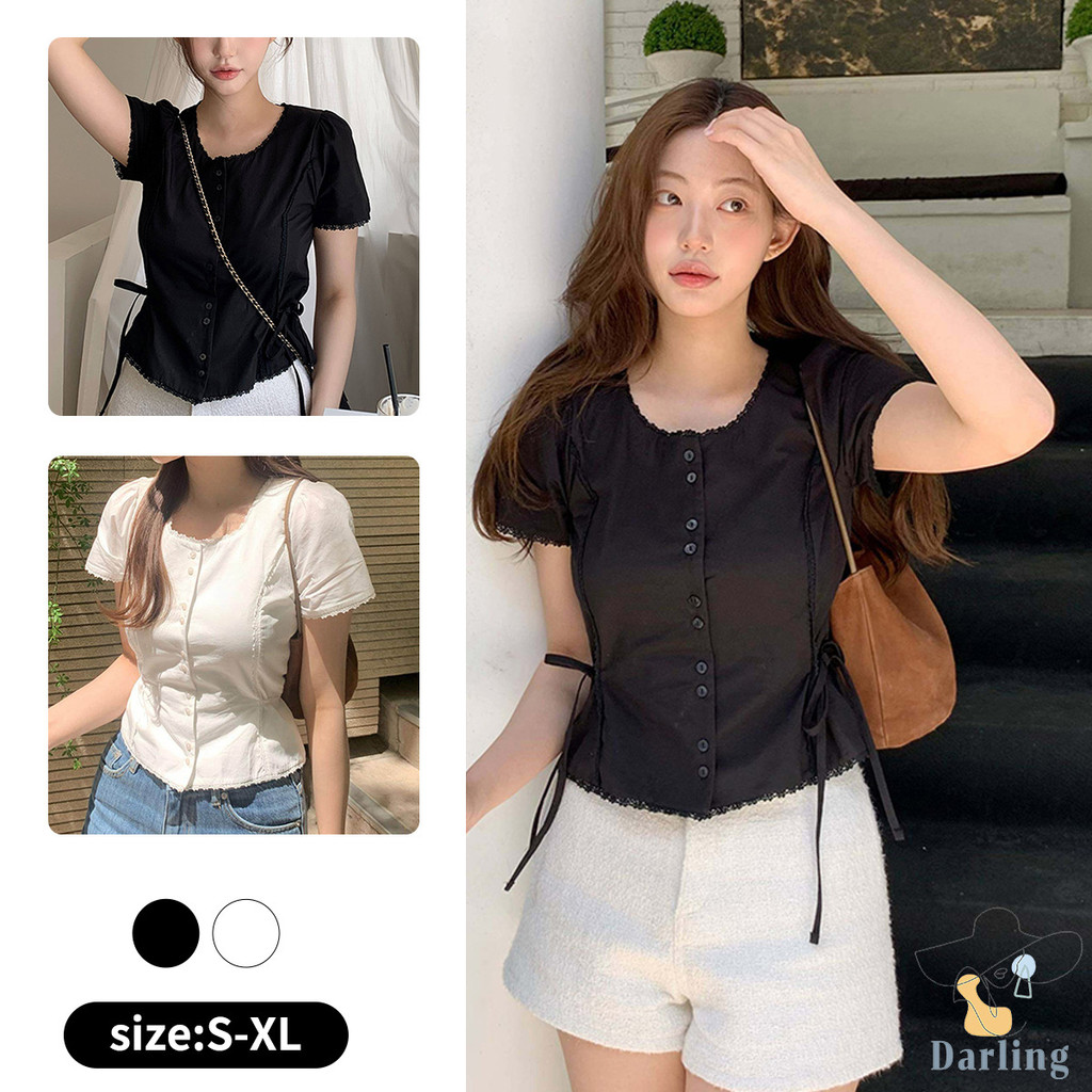 เสื้อเบลาส์ผู้หญิงผู้หญิง ผ้าลูกไม้ แขนสั้น ฟีลสาวหวาน