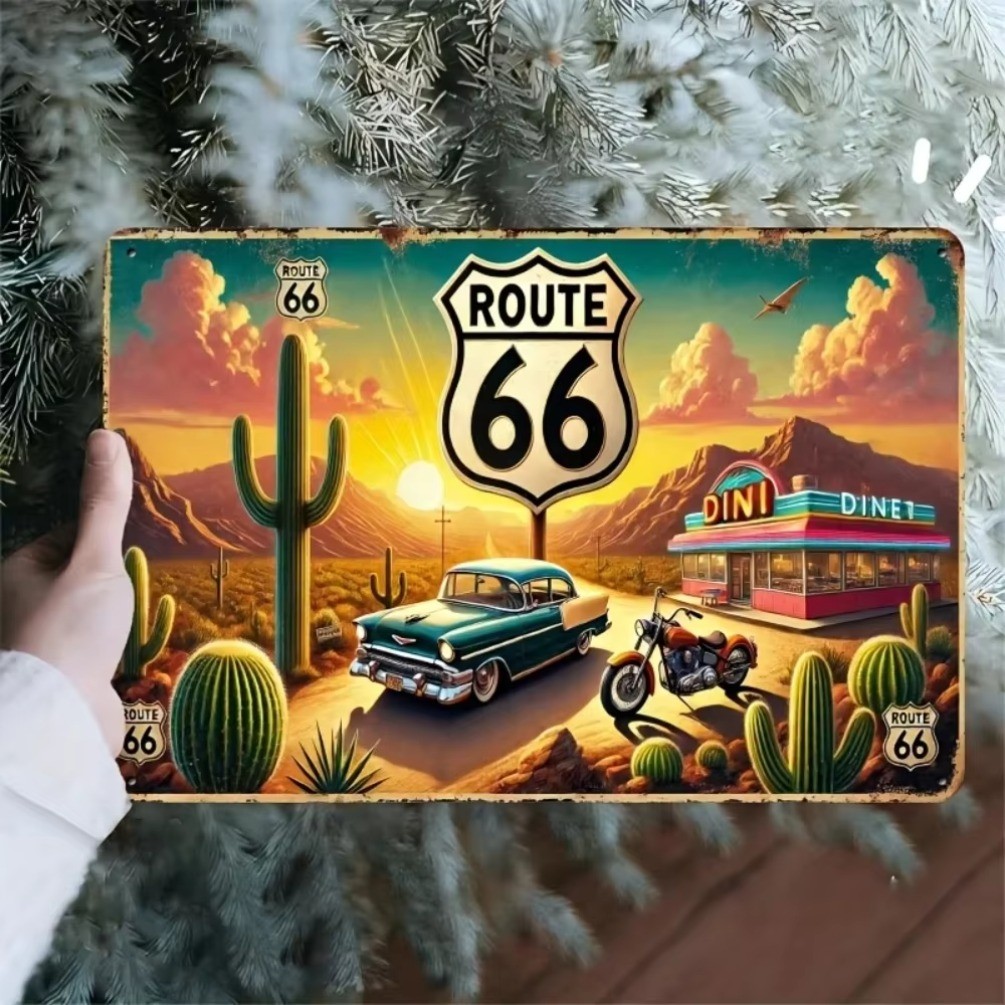 CIFbuy Vintage Route 66 ป้ายโลหะ, Retro Wall Art Decor, Easy Hang Iron Tin โปสเตอร์สําหรับ Home Gara