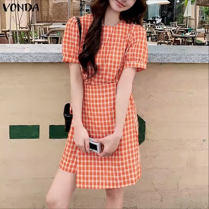 VONDA ชุดเดรสสไตล์ GIRLISH RETRO สำหรับผู้หญิง ดีไซน์ลูกเรือ คอพัฟ แขนทีไวน์ ลายสก๊อตแบบ A-LINE — صورة 6