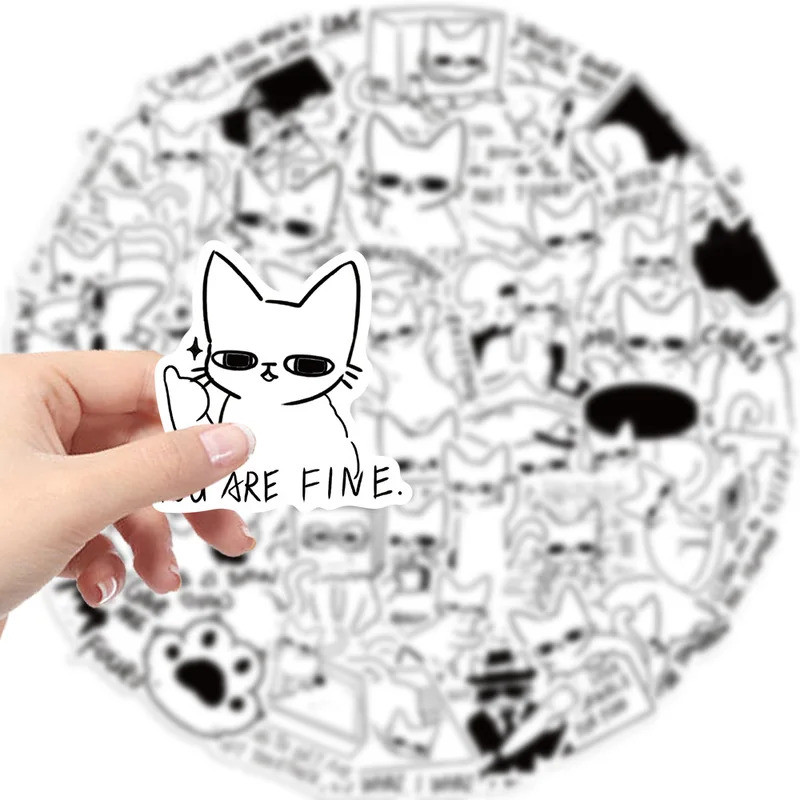 10/30/50PCS Kawaii Cat Stickers Black White Cartoon Sticker DIY Animal Decals Luggage Laptop Phone G