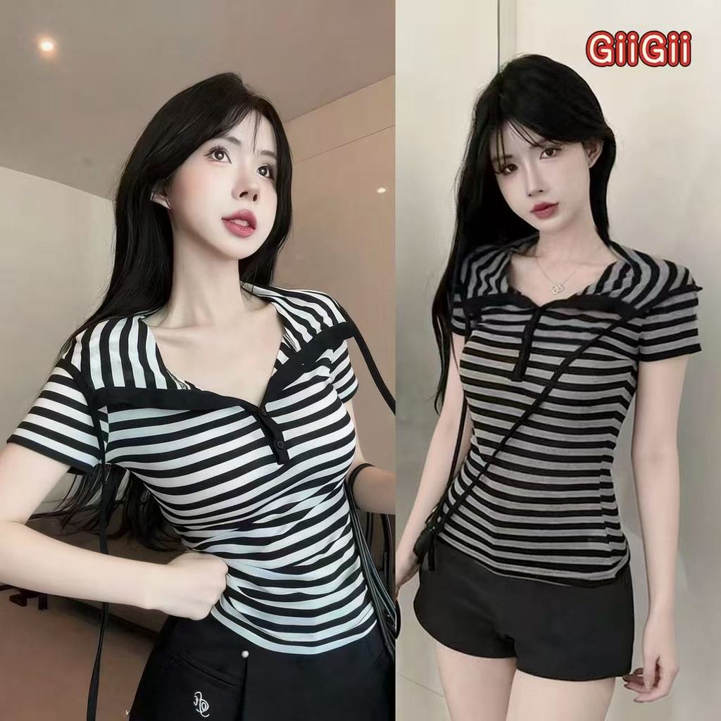 เสื้อยืดผู้หญิง สไตล์ย้อนยุคแบบอเมริกัน มีฮู้ด ลายทาง สไตล์ลำลอง วินเทจ มี 2สี🍄GiiGii