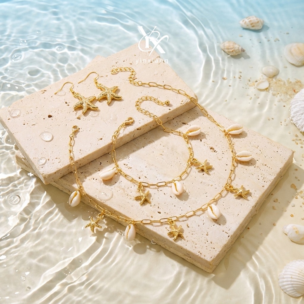 YX ปลาดาวสีทองสร้อยคอสร้อยข้อมือต่างหูชุด 3 ชิ้น Y2K Boho Beach เครื่องประดับของขวัญสําหรับผู้หญิงสา
