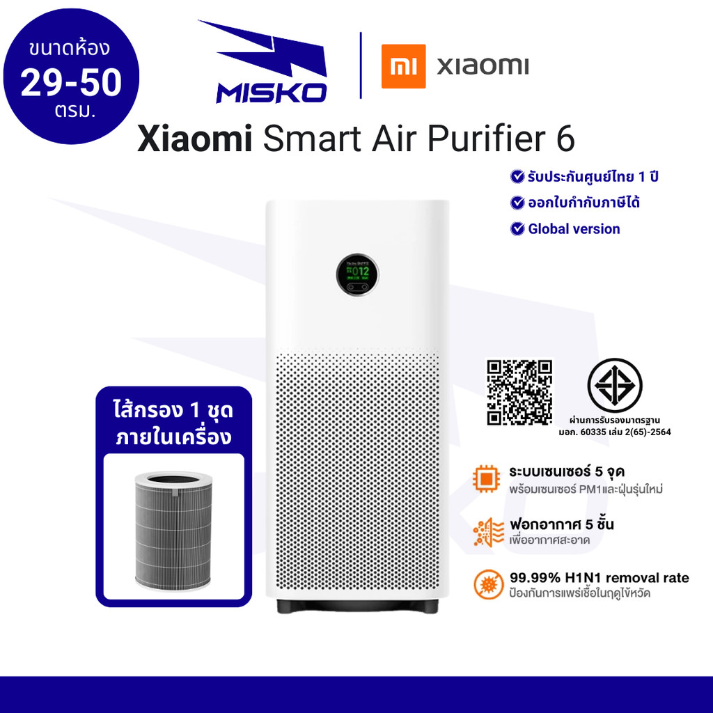 Xiaomi Smart Air Purifier 6 เครื่องฟอกอากาศ เซ็นเซอร์ฝุ่น ขจัดเชื้อด้วย UVC ประกันศูนย์ไทย 1 ปี