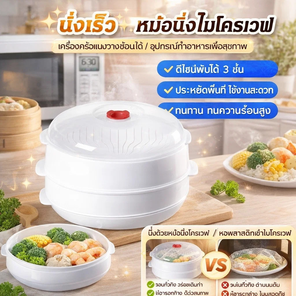 นึ่งเร็ว หม้อนึ่งไมโครเวฟ/เครื่องครัวแบบวางซ้อนได้/อุปกรณ์ทำอาหารเพื่อสุขภาพ/ดีไซน์พับได้ 3 ชั้น/อุปกรณ์ครัวประหยัดพื้นที่/ทนทาน ทนความร้อน