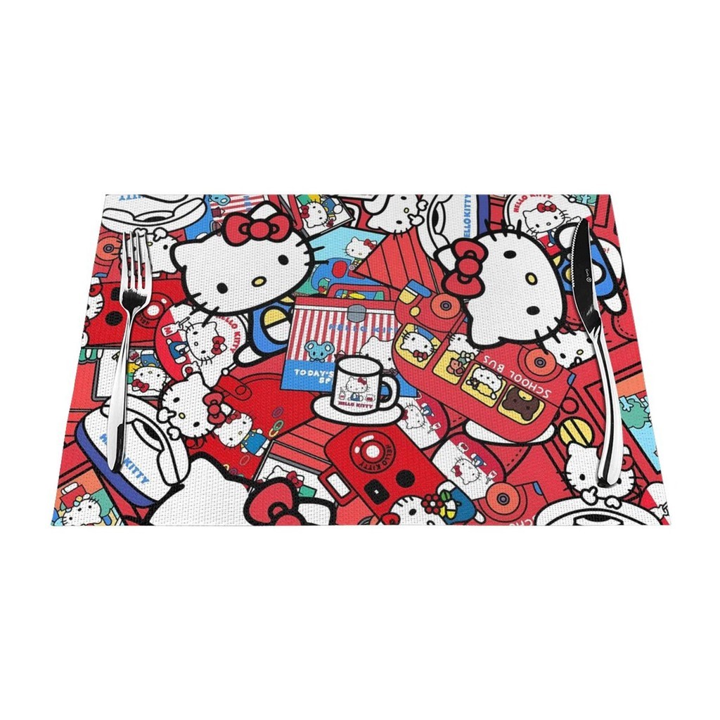 แผ่นรองจาน Hello Kitty ชุด 6 ชิ้น - เสื่อวางกันลื่นทนความร้อนสําหรับโต๊ะอาหาร, แผ่นรองโต๊ะไวนิล PVC ทนทานซักได้