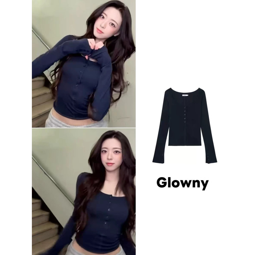 [SR-STUDIO] เสื้อยืดแขนยาววูลสไตล์เกาหลี ปุ่มหน้า