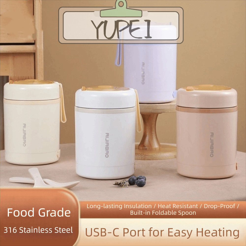 YUPEI เครื่องอุ่นอาหาร, USB ไฟฟ้าสแตนเลสกล่องอาหารกลางวันความร้อนไฟฟ้า, 600ML พร้อมฟังก์ชั่นเครื่องดื่มปิคนิคแบบพกพาเครื่องทําความร้อนอาหารทุกวัน