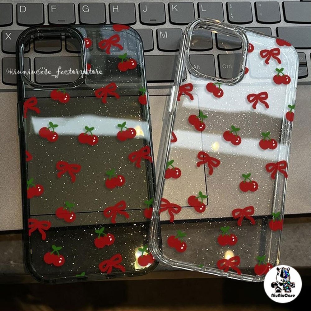 เคส For iPhone 16 Pro Max iPhone 11 เคสใสแบบแวววาว TPU นุ่มสีสันสดใส เชอร์รี่และคันธนูแสนอร่อย For iPhone15 Pro max 14