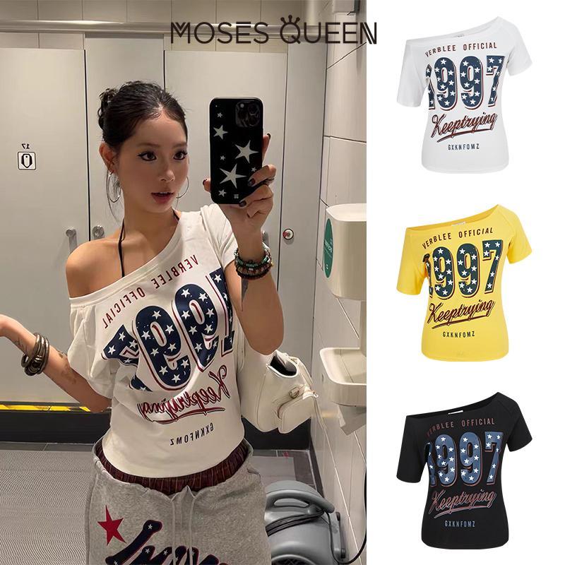 MOSESQUEEN ตัว.Top ปิดไหล่ Retro พิมพ์TEE สไตล์สปайซ์เกิร์ล ฟิตเรียบหรูสำหรับงานDansParty และสวมใส่อเนกประสงค์ #63497