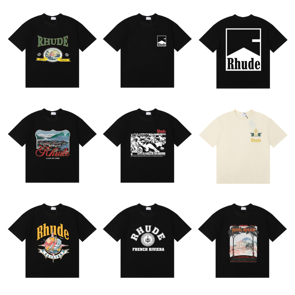Rhude หยาบคาย แขนสั้นตัวอักษรโลโก้พิมพ์คุณภาพสูงรอบคอผู้ชายผู้หญิงเสื้อยืด