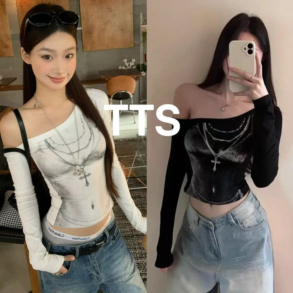 TTS🔥 เสื้อยืดแขนยาวผู้หญิง สไตล์ฤดูใบไม้ผลิใหม่ ทรงเข้ารูป สไตล์เกาหลี สุดฮิต เสื้อครอปแขนสั้นสีขาวเปิดไหล่