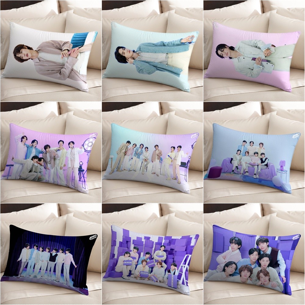 BTS 10t Anniversary หมอนสี่เหลี่ยม Jin, Suga, J-Hope, RM, Jimin, V และ Jungkook ผ้าคลุมโซฟาโพลีเอสเตอร์พิมพ์ลายสองด้านตกแต่งบ้าน (ไม่มีแกน)