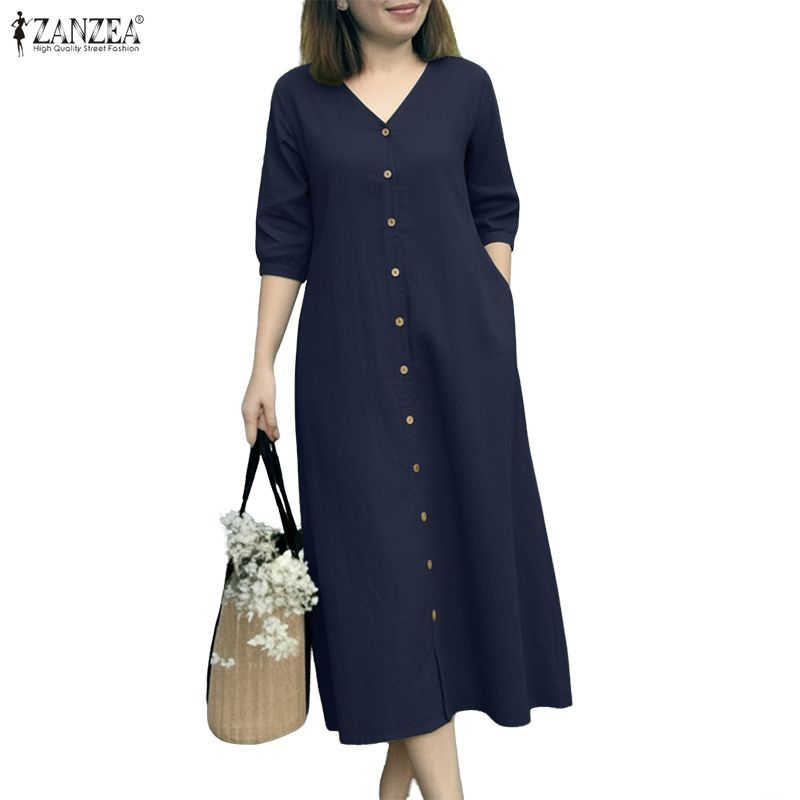 ZANZEA กระโปรง midi a-line สไตล์เกาหลี คอวีแขนยาว 3/4 เหมาะสำหรับใส่ทำงานหรือลำลอง — صورة 6