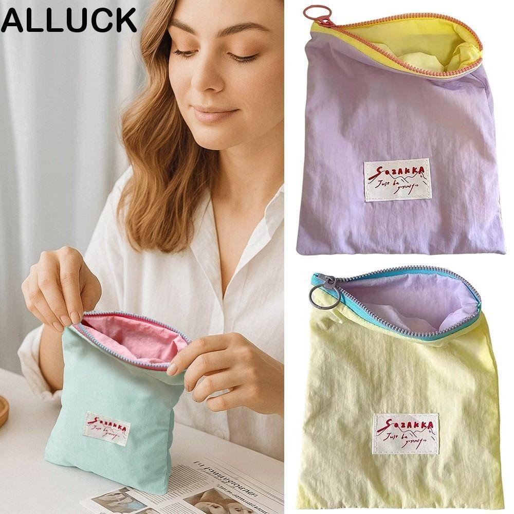 ALLUCK กระเป๋าเครื่องสําอางเล็ก ผ้าใบ มาการอง แต่งหน้าออแกไนเซอร์แบบพกพาสีทึบกระเป๋าสตางค์ผ้า