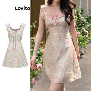 Lovito ชุดเดรสน่ารัก ลายดอกเดซี่ผูกเชือกระบายเดรสสําหรับผู้ห…