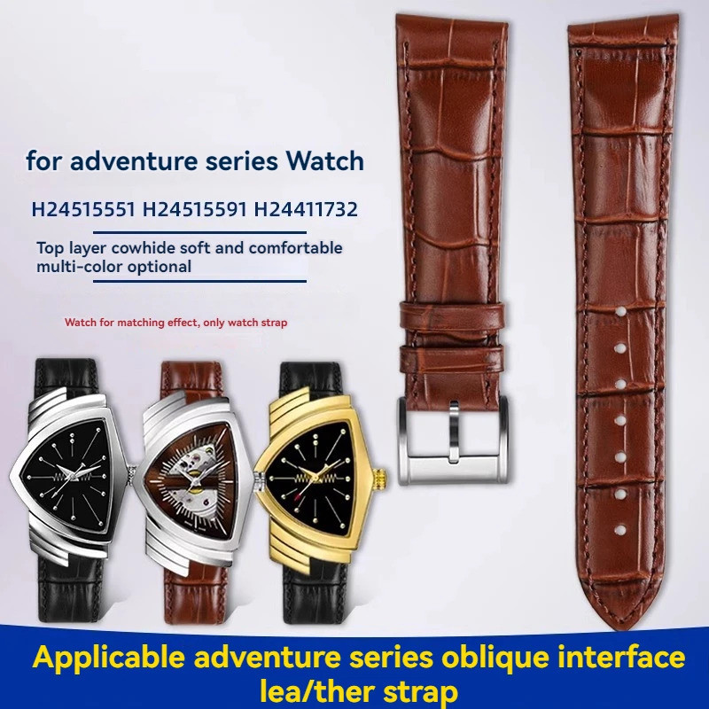 สําหรับสายนาฬิกา Hamilton VENTURA series H24515551 ชม.24515591 สายนาฬิกาหนังวัวสีดําแนวทแยง สร้อยข้อ