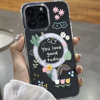 สำหรับ iPhone 17 PRO MAX เคส iPhone 11 เสริมสร้างแม่เหล็กอะคริลิคใสกระดานแข็ง TPU กรอบนุ่มกันกระแทก ดอกไม้ iP14 13 12 15